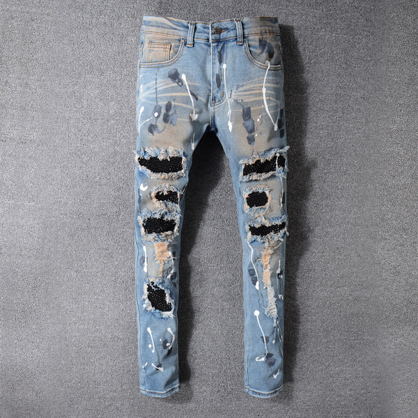 Jeans Rotos para Hombre con Parches Vintage Lavado Desgastado