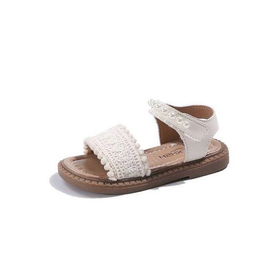 Children's white sandals with pearl ankle straps, woven front strap, and brown sole, featuring a Velcro closure. - Image 5