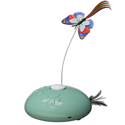 White electric cat toy with a colorful butterfly on a flexible wire and green feathers extending from the base. - Image 4