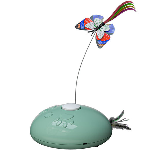 White electric cat toy with a colorful butterfly on a flexible wire and green feathers extending from the base. - Image 4