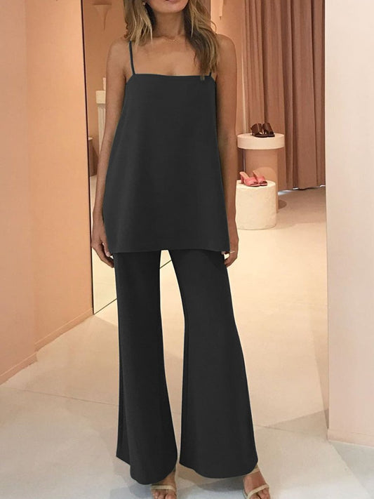 Conjunto Elegante de Blusa Escotada y Pantalón Acampanado Talla Grande