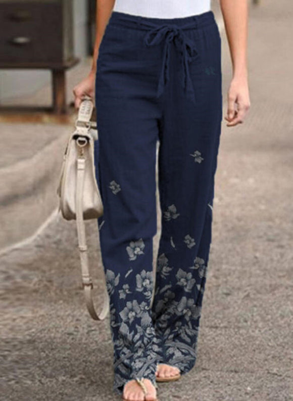 Pantalones de Algodón y Lino con Estampado Floral y Cinturón