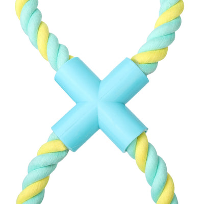 Yellow and light blue figure-eight rope dog toy with a light blue connector and a treat-dispensing rubber ball. - Image 8