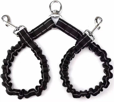 Black double-ended pet traction rope with reflective stitching, two elasticized leash segments, and metal snap hooks. - Image 5