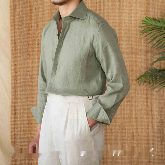 Camisa de Lino Manga Larga Color Sólido - Versátil y Elegante - Image 4