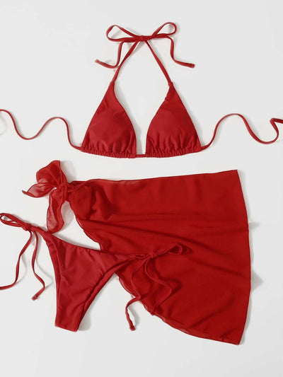 Red three-piece mesh swimsuit for women, featuring a triangle bikini top, tie-side bottoms, and a matching sarong cover-up. - Image 9
