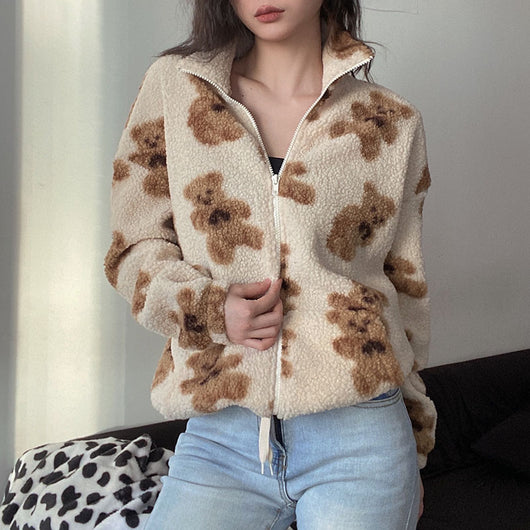 Abrigo de Lana Cordero Holgado con Estampado Europeo y Americano
