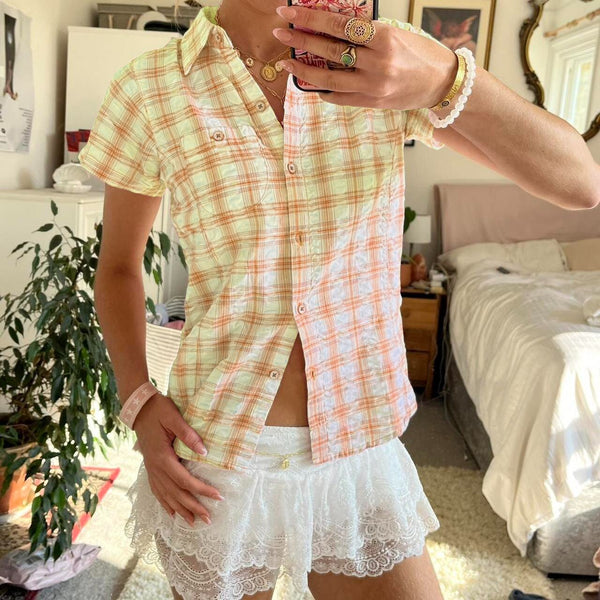 Camisa Cuadros Mujer Manga Corta Suelta Versátil