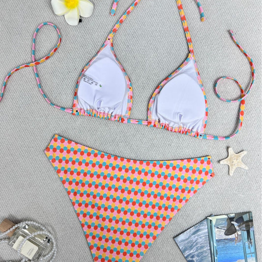 Colorful polka dot triangle-bra bikini swimsuit set with pink, yellow, orange, and blue dots. - Image 2
