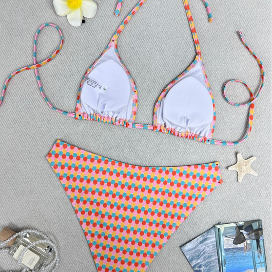 Colorful polka dot triangle-bra bikini swimsuit set with pink, yellow, orange, and blue dots. - Image 2