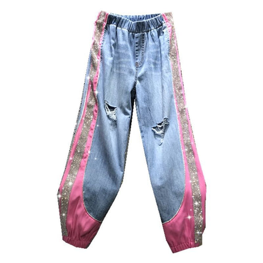 Jeans Harem Talla Grande con Cintura Elástica y Detalles Brillantes