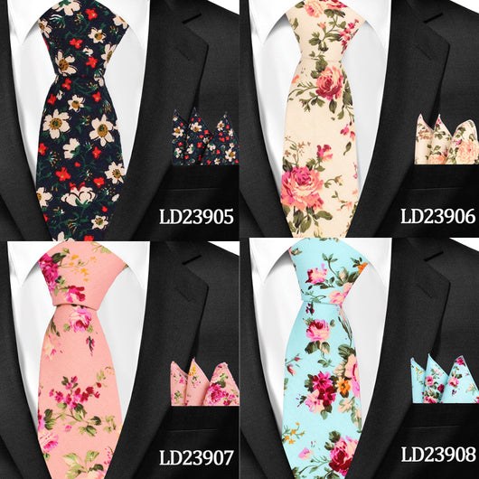 Corbata Casual de Algodón con Estampado Floral 6cm + Pañuelo de Bolsillo - Image 26