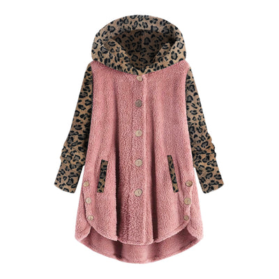 Abrigo Largo con Capucha y Empalme de Leopardo en Felpa para Mujer - Image 6