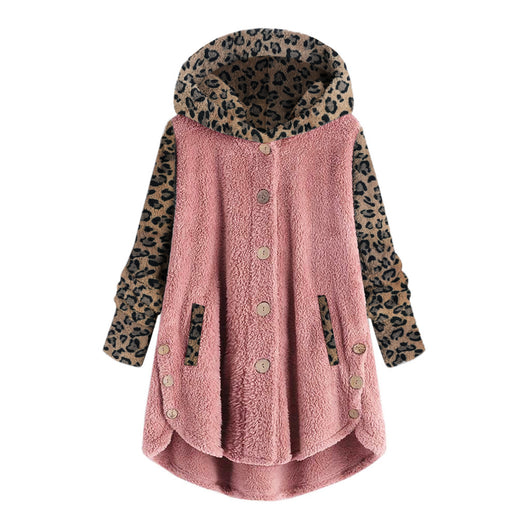 Abrigo Largo con Capucha y Empalme de Leopardo en Felpa para Mujer - Image 6