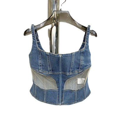 Musculosa Denim con Paneles de Malla para Mujer