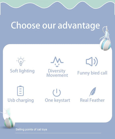 Electric pet toy ball with white and blue design, featuring a flexible arm with a blue feather teaser and a detachable feather. - Image 7