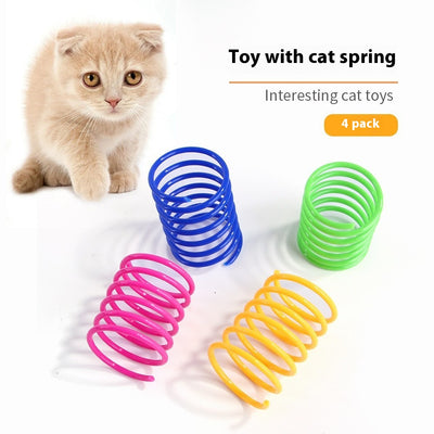 Colorful plastic spring cat toys in pink, yellow, green, and blue, packaged in a clear plastic bag. - Image 11