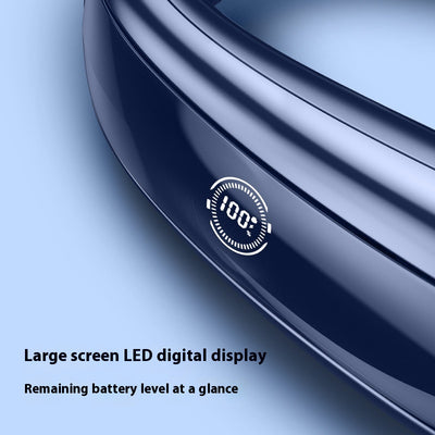 Light blue U-shaped neck fan with a digital display showing 100% charge and multiple air vents. - Image 2