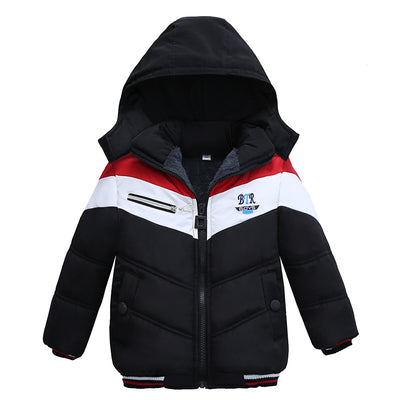Boys' black, red, and white hooded padded jacket with chevron pattern, full zipper, and "BTR BOYS" logo. - Image 3