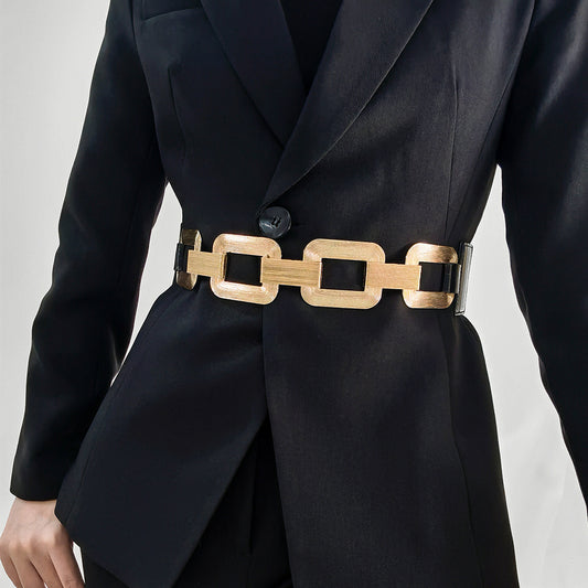 Cinturón Elástico Dorado y Negro con Cierre de Metal - Accesorio de Moda para Vestidos y Abrigos - Image 2