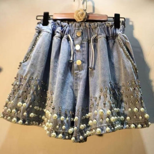 Shorts de Mezclilla Talle Alto Pierna Ancha con Detalles de Diamantes - Image 8