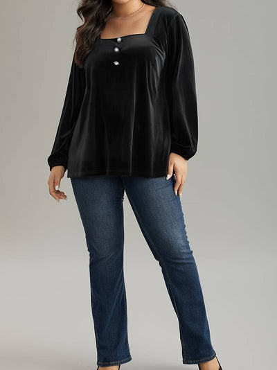 Blusa de Terciopelo Cuello Cuadrado Manga Larga Elegante y Suelta - Image 8