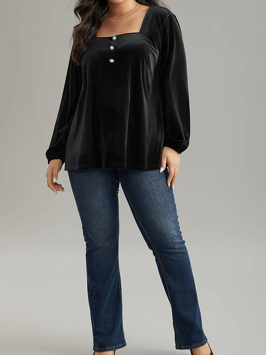Blusa de Terciopelo Cuello Cuadrado Manga Larga Elegante y Suelta - Image 8