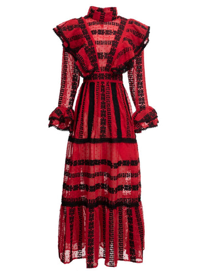 Vestido Retro Cuello Alto con Volantes y Bordado en Rojo y Negro - Image 6