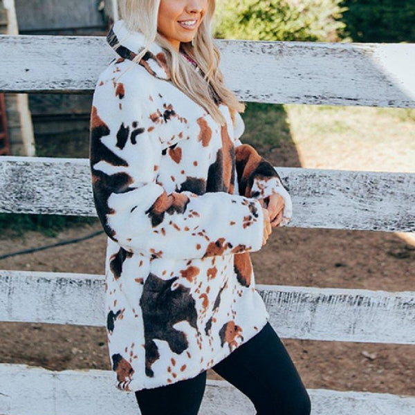 Suéter Holgado con Estampado de Vaca - Pullover Casual Cuello V para Mujer