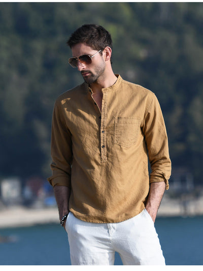 Camisa Casual de Lino y Algodón con Cuello Mao para Hombre - Image 12