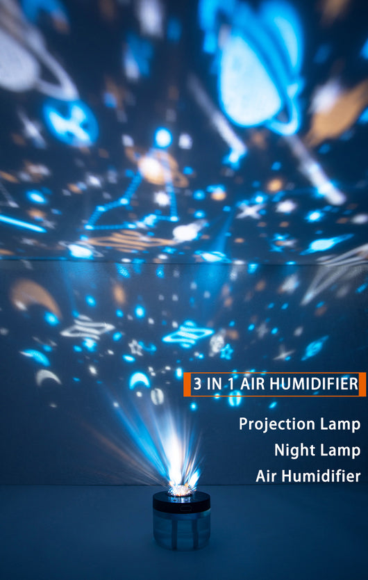 White portable projection humidifier with a translucent water tank and gold-accented control buttons. - Image 13