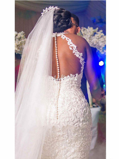Vestido de Novia Sirena Encaje Vintage con Cuello Transparente y Detalles de Perlas - Image 8