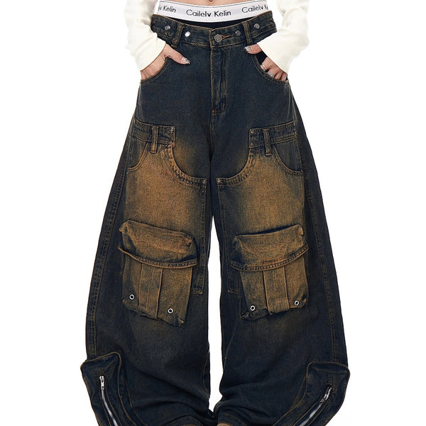 Pantalones Cargo Vintage Desgastados Multi-bolsillos Pierna Ancha Suelta