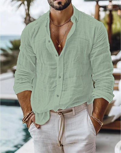 Camisa Casual de Algodón y Lino para Hombre - Manga Larga Color Sólido - Image 33
