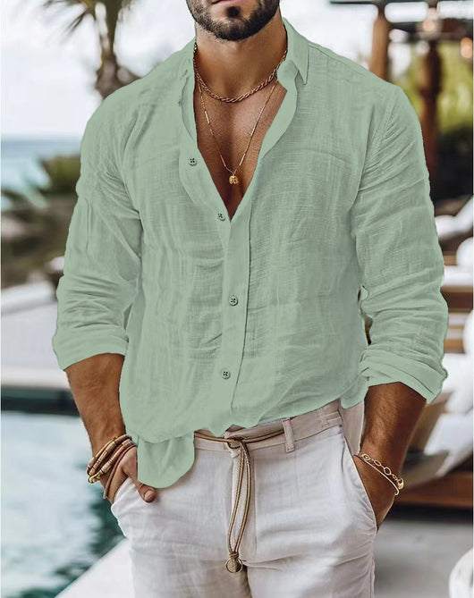Camisa Casual de Algodón y Lino para Hombre - Manga Larga Color Sólido - Image 33