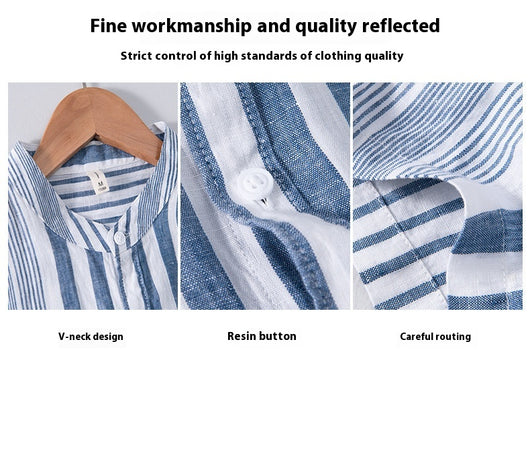 Camisa Casual de Lino Manga Corta a Rayas para Hombre Transpirable - Image 10