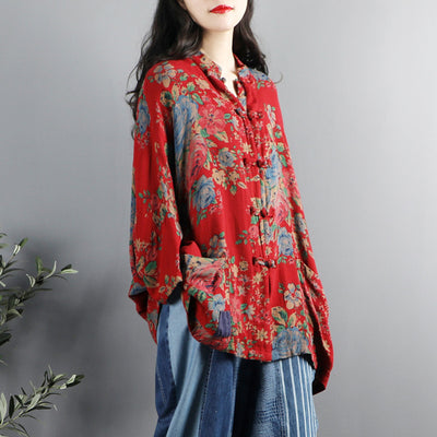 Camisa Retro Étnica con Cuello Mao y Estampado Floral - Image 3