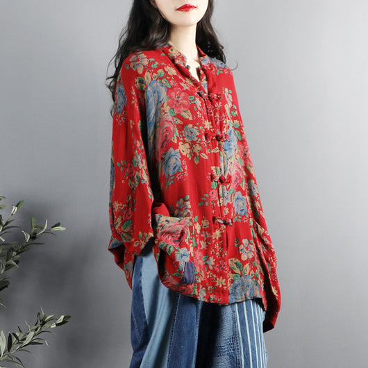 Camisa Retro Étnica con Cuello Mao y Estampado Floral - Image 3
