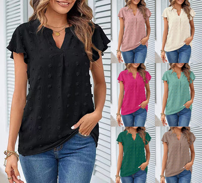 Blusa Fresca de Verano con Cuello V, Volantes y Estampado de Lunares