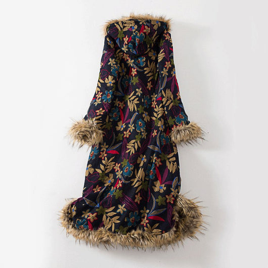 Chaqueta Acolchada Étnica de Lino y Algodón con Cuello de Pelaje y Capucha - Image 5
