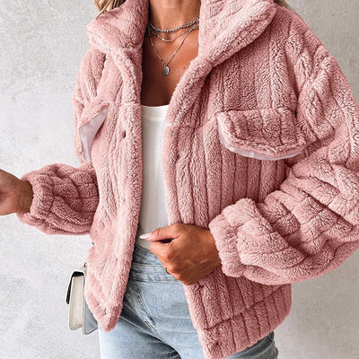 Cardigan Corto de Terciopelo con Rayas Hundidas y Solapa