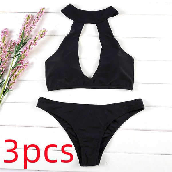 Black two-piece bikini with a high-neck halter top featuring a deep V-neck and matching classic bikini bottoms. - Image 6