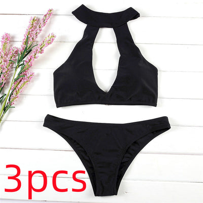 Black two-piece bikini with a high-neck halter top featuring a deep V-neck and matching classic bikini bottoms. - Image 6