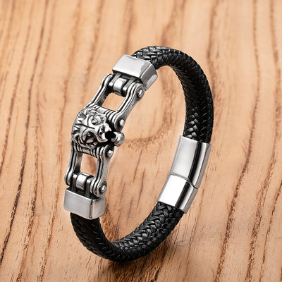 Pulsera de Cuero Personalizada con Cabeza de León Retro para Hombre