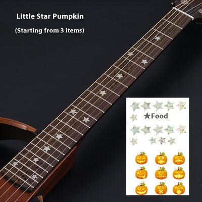 Blue cloud-shaped inlay stickers for guitar fingerboards, shown on a guitar neck and as a full sheet. - Image 19