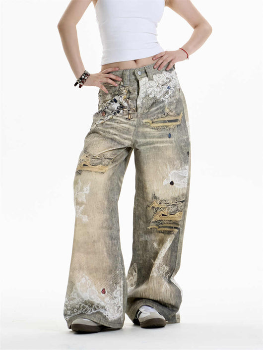 Pantalones Vaqueros Estampado Cruzado Mujer Pierna Ancha - Image 5