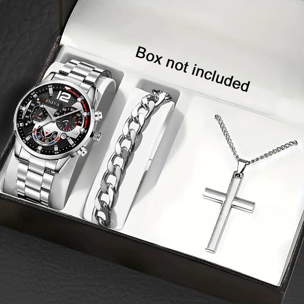 Set Completo: Pulsera, Collar con Cruz y Reloj para Hombre