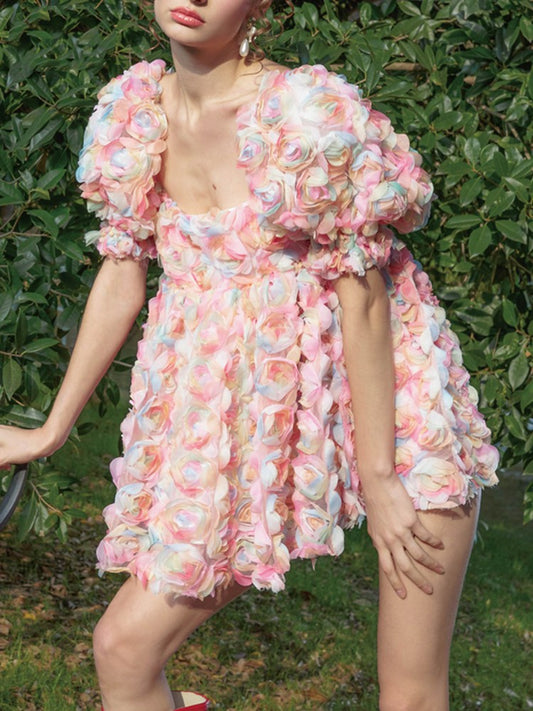 Vestido Corto Estampado Floral con Mangas Abullonadas para Mujer - Image 2