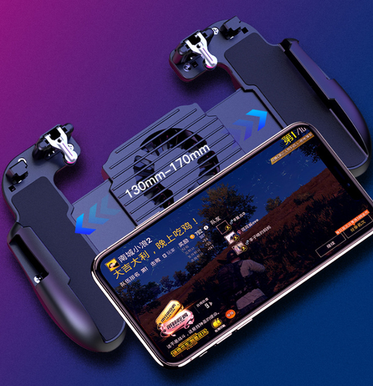 Red and blue smartphone game controller grip with integrated cooling fan and metal trigger buttons, connected to a white USB cable. - Image 2