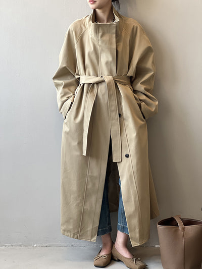 Abrigo Trinchera Largo Mujer Cuello Alzado Oversized Abotonado Simple - Image 23